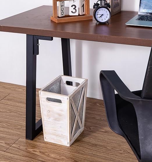Venalys Small Wood Trash Can Wastebasket, Decorative Barn Door Garbage Can Waste Basket, Rustic Distressed Rectangular Trash Bin, Farmhouse Wooden Storage Basket Waste Paper Bin (Whitewash)