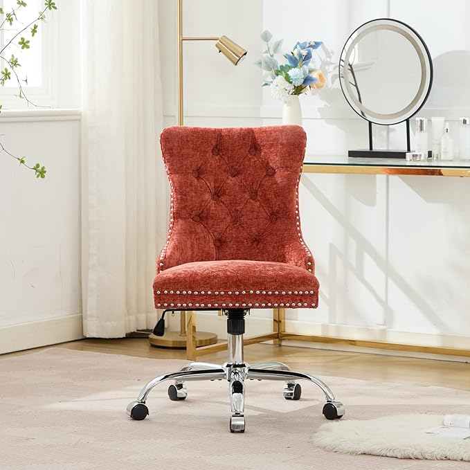 Goujxcy Desk Chair, Modern Chenille Upholstered Tufted Button Home Office Chair, 360° Swivel Armless Desk Chairs, 120°Rocking Ergonomic Computer Task Vanity Chairs, Orange