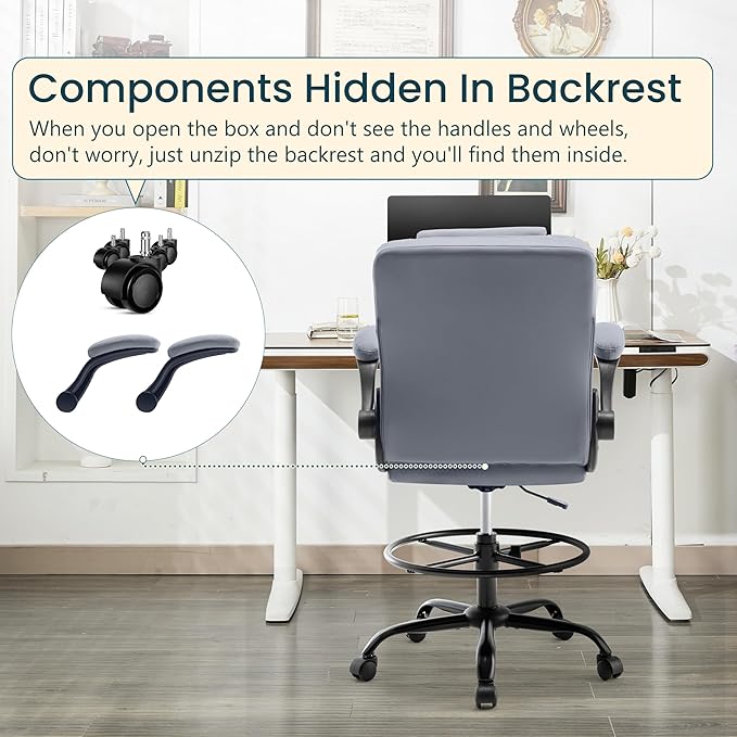 Drafting Chair 500Lbs, Tall Office Chair for Standing Desk, High PU Leather Executive Office Chair with Flip-up Armrests, Ergonomic High Chair with Adjustable Foot Ring, Comfy Stool Chairs, Grey