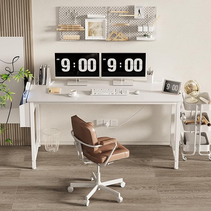 Lufeiya White Computer Desk with Power Outlet, 55 inch Teen Study Table Home Office Work Writing Gaming Desks with Charging Station Outlets Built in, White
