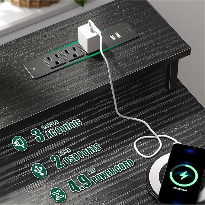 Korfile 55 Inch Computer Gaming Desk with Power Outlets LED Lights Reversible Home Office with Adjustable Fabric Storage Drawers for Working Writing Study, Black