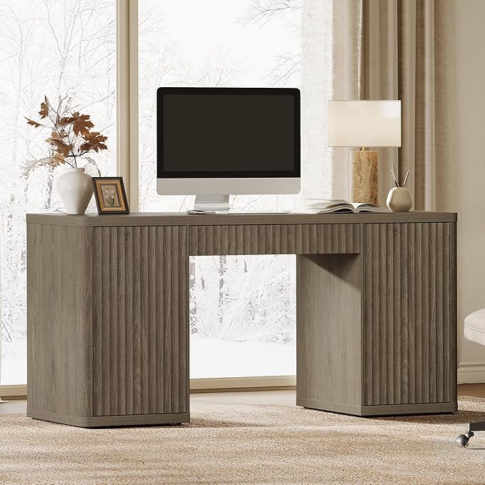 SICOTAS 61" Large Office Computer Desk with Storage Modern Home Office Desks with Drawer & Doors Fluted Desks Executive Desk Wooden Writing Table Vanity Table for Living Room Bedroom, Grey Alder
