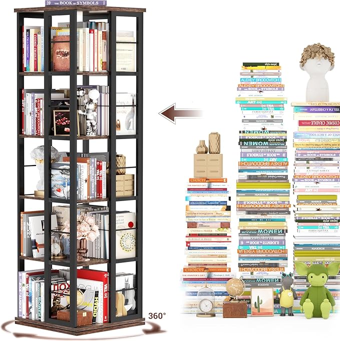 Aheaplus Rotating Bookshelf, Corner Bookcase, 360 Display Wood Spinning Bookshelves, Floor Standing Bookcase Narrow Shelf,5 Tiers, Rustic Brown