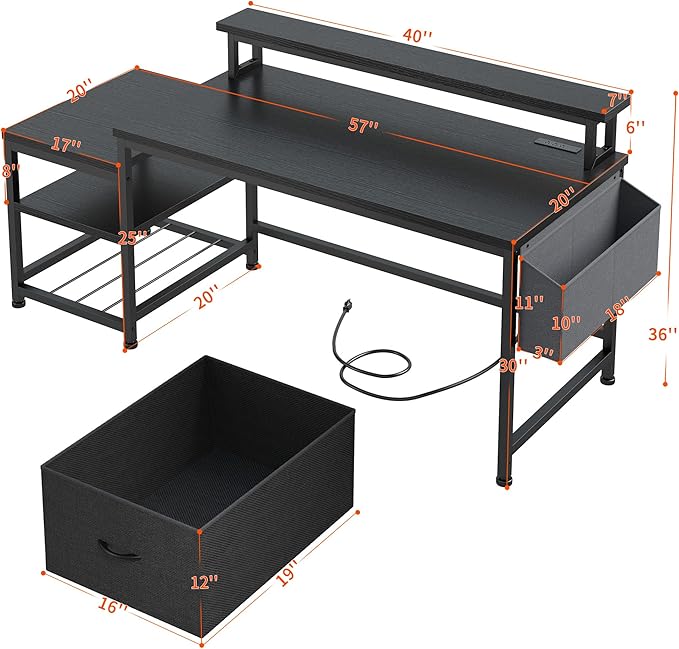 EnHomee 57" Black Computer Desk with File Drawers and Printer Space,Office Desk with Power Outlets and Monitor Stand,Gaming Desk,Study Desk, Writing Desk, Bedroom Desk