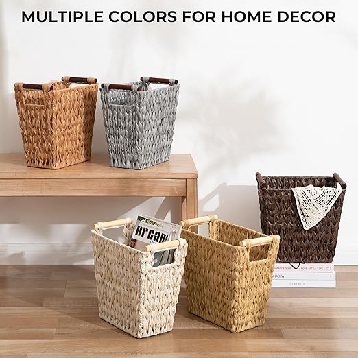 GRANNY SAYS Woven Wicker Desk Wastebasket with Wood Handles – Gray (2-Pack)