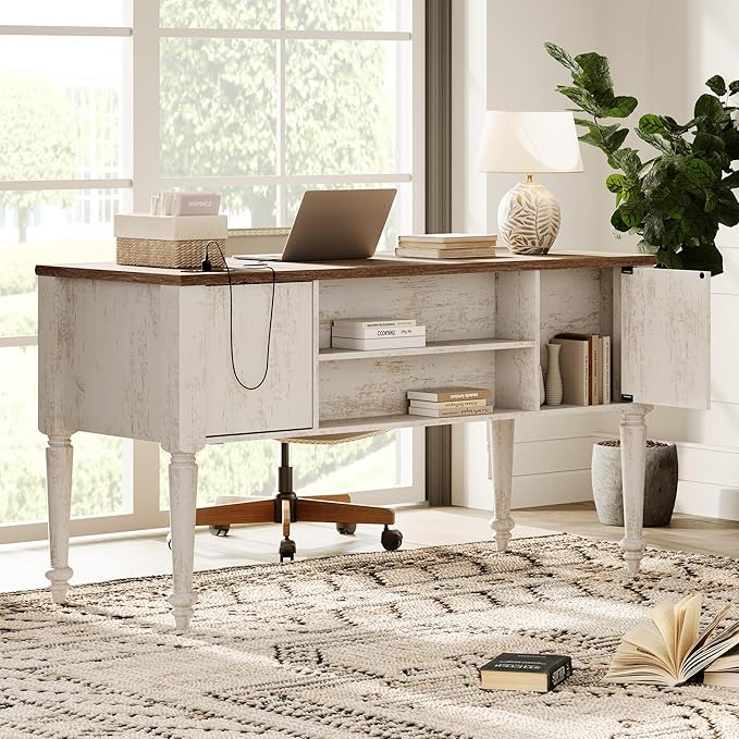 WAMPAT Home Office Furniture Set, 56" Executive Desk with Charging Station, 72" Tall Bookcase with 4 Wooden Doors, Wood Computer Desk with File Cabinet Storage, Open Shelf, Rustic White