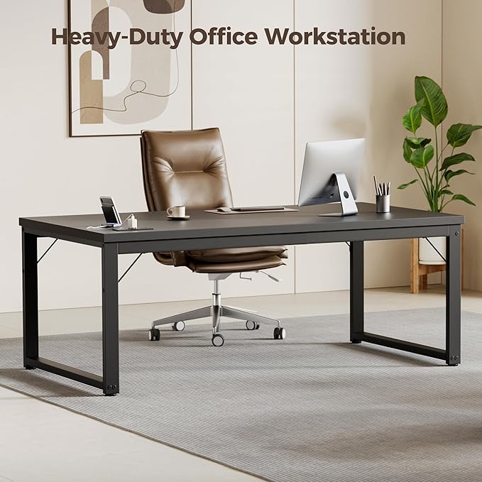 Mericonia 54 Inch Computer Desk with Power Outlets, 1.2" Thick Heavy Duty Industrial Office Desk, Modern Simple Study Writing Table for Home Office Bedroom Workstation, Black