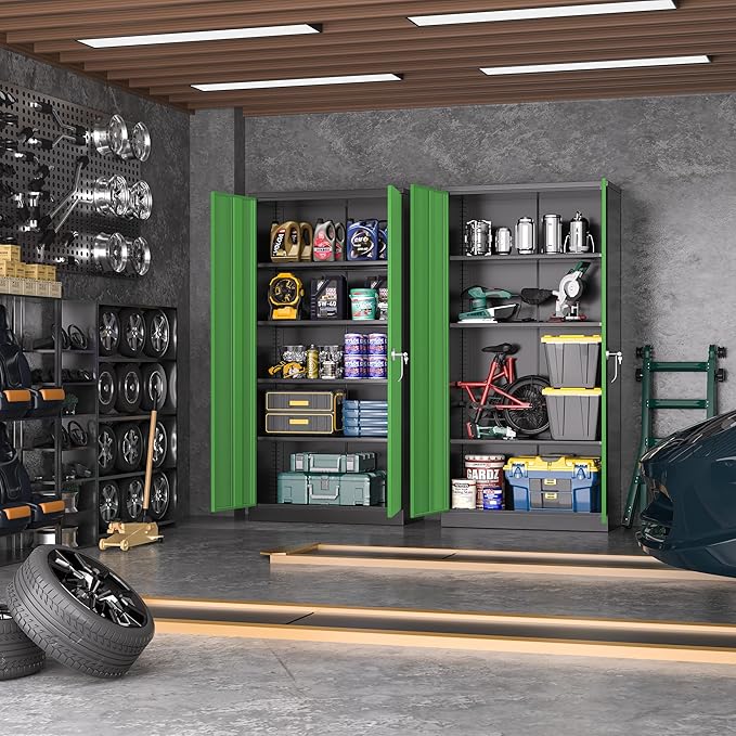 Greenvelly Metal Storage Cabinet, 72" Steel Garage Cabinet with Doors and Adjustable Shelves, Metal Cabinet with Lock,Tall Metal Office Storage Cabinet for Garage,Home Office,School (Black Green)