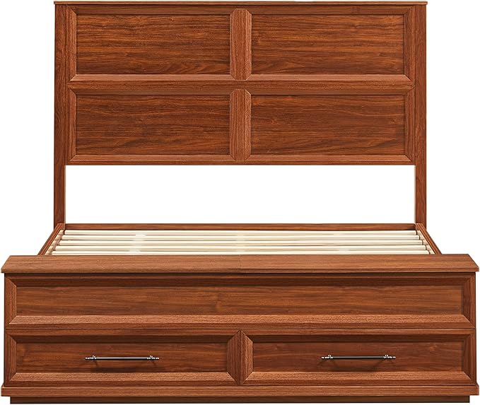 Queen Size Bed with 3D Geometric Headboard & Storage Bench - 4-Drawer Storage, Modern Bedroom Furniture, Walnut. The 3D geometric grid pattern on the headboard exudes modern charm, blending refineme