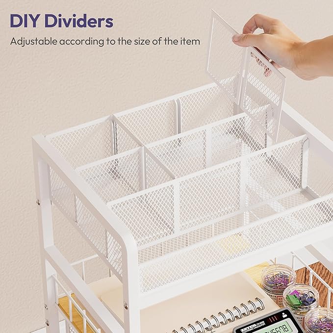 SWTYMIKI Office Rolling Cart with 3 Drawers - Metal Utility Cart with Wood Shelf, DIY Divider and Locking Wheels, Craft & Art Cart Organizer for Under Desk Storage for Home Office Studio, White