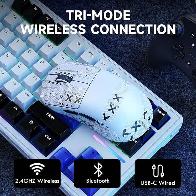 ZIYOU LANG×Magic-Refiner AJ199 Lightweight Wireless Gaming Mouse,Tri-Mode(2.4G/Wired/BT),24K DPI,PAW3311 Optical Sensor,1000Hz Polling Rate,600mAh,49g Ergonomic Mice for Mid-Large Hands-White&Sticker