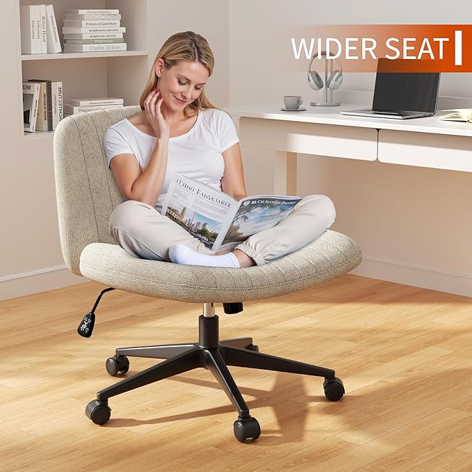 Meilocar Criss Cross Chair with Wheels, 26" Wide Cross Legged Office Chair with Adjustable Height, Armless Fabric Swivel Vanity Chair for Home Office, Bedroom, Makeup & Long Hours Sitting (Beige)