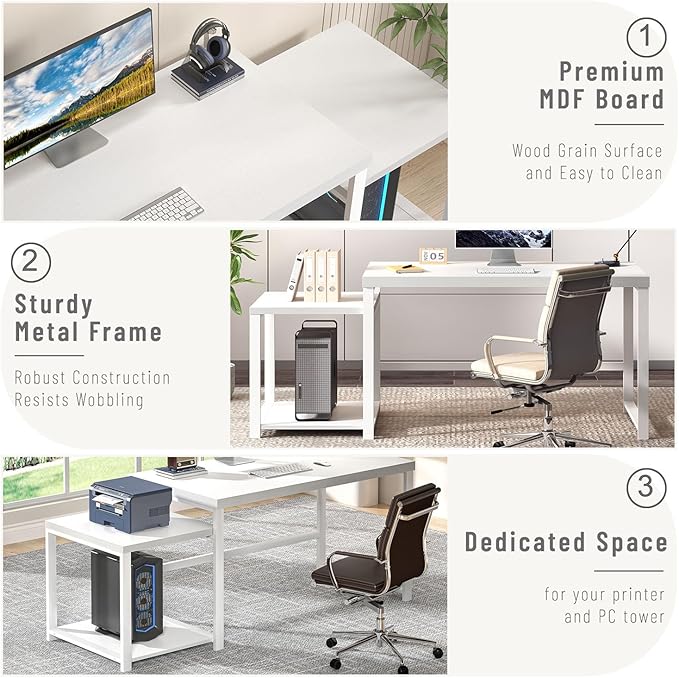 FOLUBAN Large White Computer Desk, Home Office Desk with Printer Space & PC Tower Stand, Modern Study Writing Table Workstation for Living Room Bedroom, 63 Inch