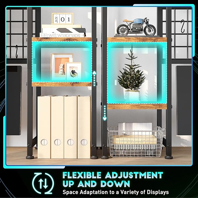 REIBII Desk Shelf with LED Light Strip,Adjustable 45.1" Desk Hutch Dorm with 5 Tier Display Shelf Rack,Desktop Bookshelf with Grid Panel & Hooks for Home, Office and Dorm, Rustic Brown