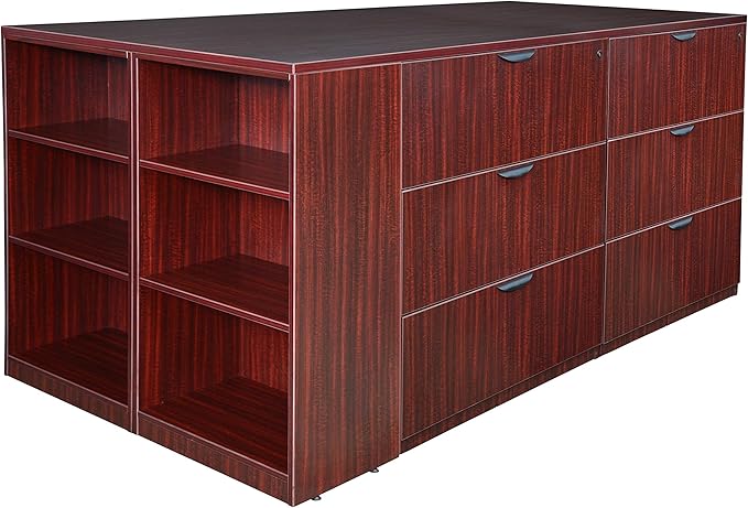 Regency Legacy Stand Up Desk/ 3 Lateral File Quad with Bookcase End- Mahogany
