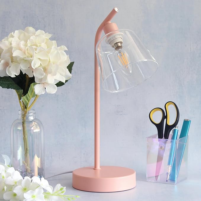 Simple Designs LD1080-BPK 16" Sleek Essentials Modern Industrial Metal Desk Lamp with Clear Glass Shade, for Office, Desk, Nightstand, Dorm, Pink