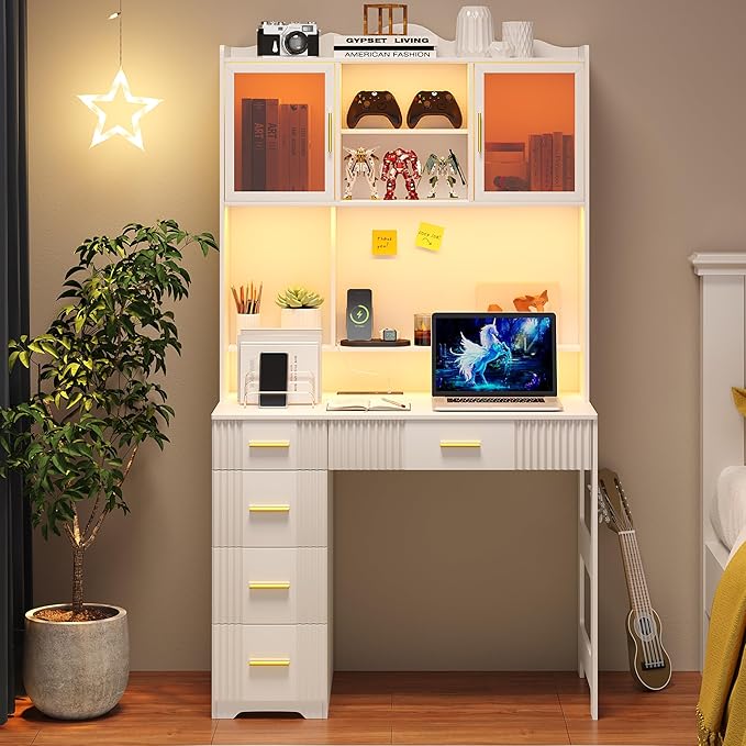 WOOVIVS LED Study Desk with Hutch and Drawer, Home Office Desk with Outlet, Computer Desk with Charging Station, Writing Desk for Bedroom, Workstation for Small Spaces (White)