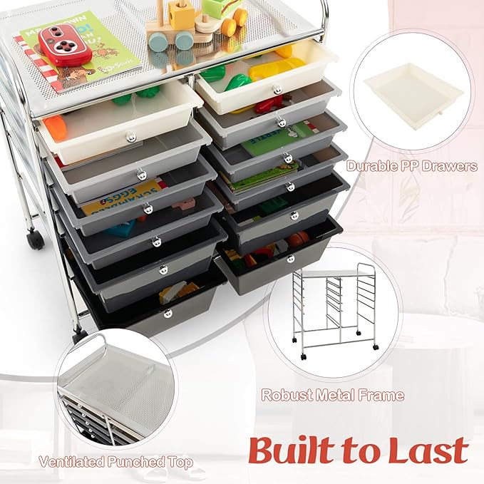 Moccha 12-Drawer Rolling Storage Cart - Utility Cart on Wheels with Lockable Casters for Craft Art Supply Paper Salon, Mobile Drawer Carts for Classroom Teacher School Office (Gradient Grey)