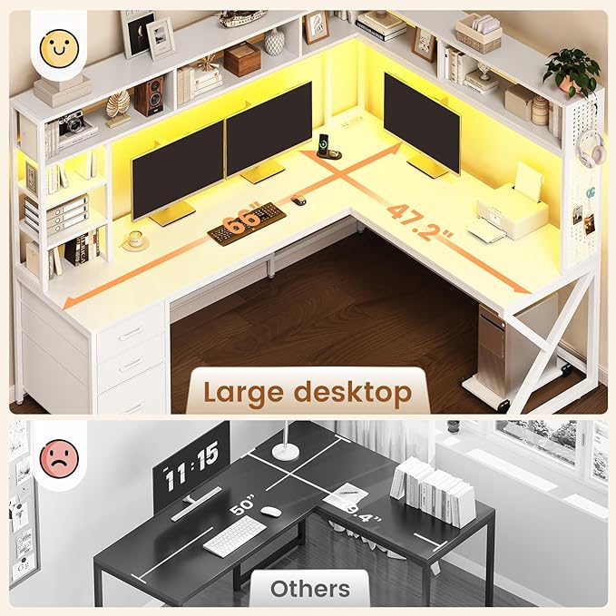 SEDETA Corner Computer Desk, Convertible 94.5" Gaming Desk with Storage Drawers, Hutch and Pegboard, L Shaped Office Desk with Power Outlet, LED Lights for Home Office, White