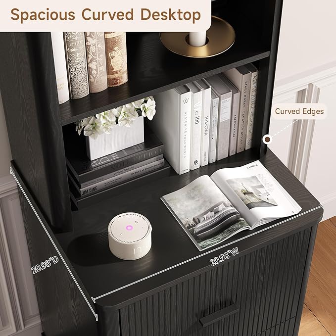 ONBRILL 71" Tall Fluted Bookcase with 2 File Drawers, Curved Design Display Bookshelf with Storage, Mid-Century Modern 3 Tier Bookcase with Sturdy Pedestal for Home Office, Living Room, Black