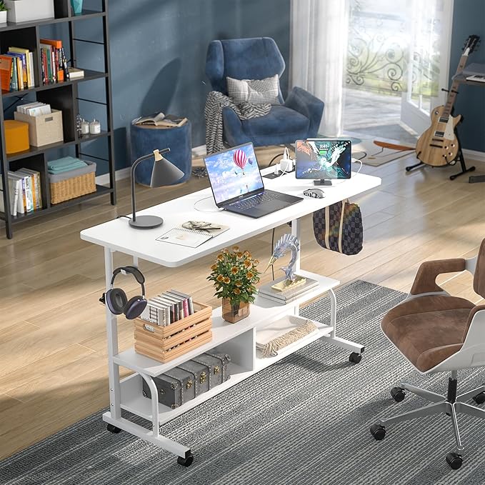 Armocity Rolling Standing Desk with Power Outlets, 47" Manual Height Adjustable Mobile Computer Desk with Wheels, Portable Sit Stand Laptop Couch Table for Bed & Sofa Home Office, Whtie