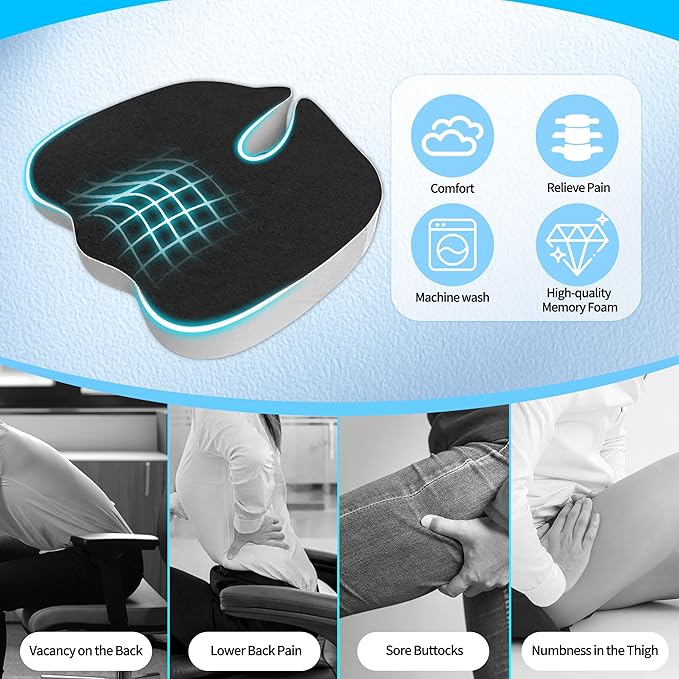 Office Chair Cushion with Coccyx Cutout & U-Shape Design, 2.8" Memory Foam for Back Pain Relief - Ergonomic Seat Pad, Removable Cover, Universal Fit