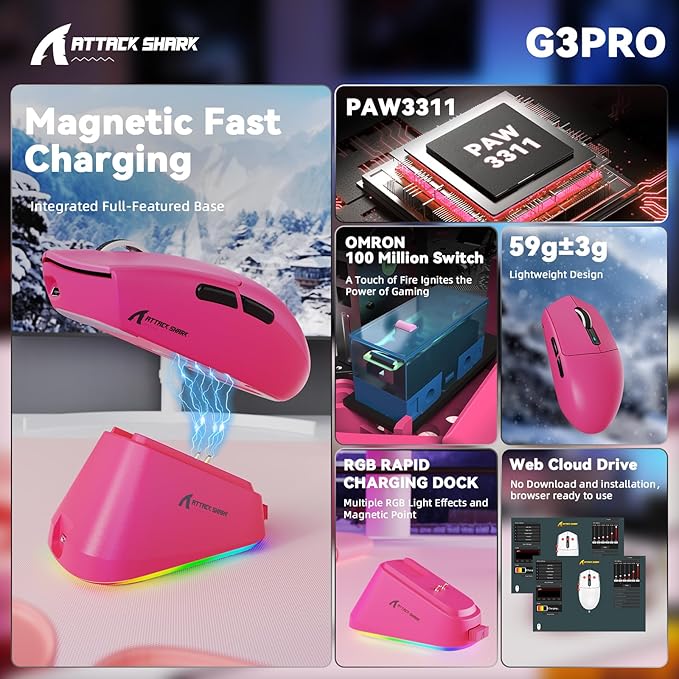 ATTACK SHARK G3 Pro Wireless Gaming Mouse with Magnetic Charging Dock,PixArt PAW3311 Gaming Sensor,BT/2.4G Wireless/Wired Gaming Mouse,25000 DPI,59g Superlight Gamer Mice for PC/Win/PS/Mac(Rose)