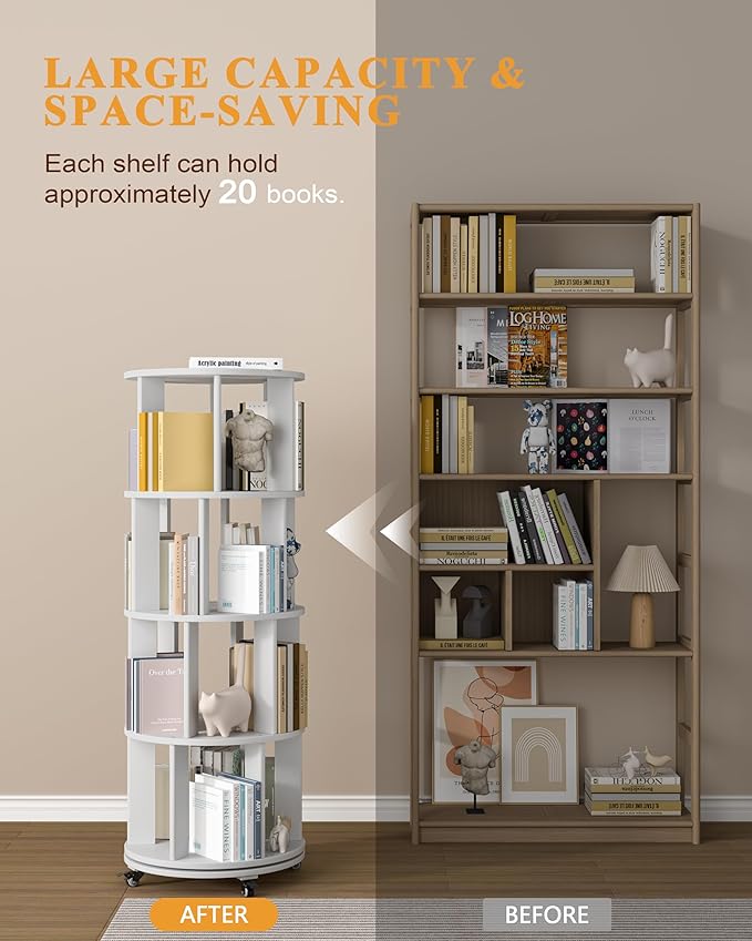 IUNVR Rotating Bookshelf, 4 Tier Solid Wood Bookshelf Tower with Lockable Wheels, 360° Spinning Revolving Bookcase for Small Spaces, Corners, Bedroom, Kids Room, Home Office, White