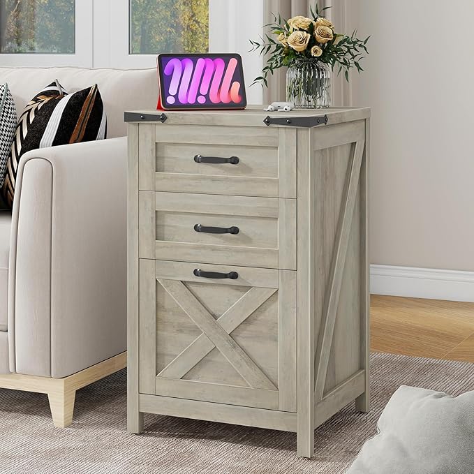 Vabches Vertical File Cabinet with 3 Drawers, Wooden Farmhouse Filing Cabinet for Letter/A4 Size Hanging Files, Under Desk Printer Stand with Storage for Home Office, Grey