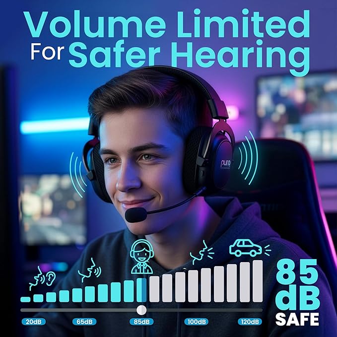 Puro Sound Labs Wireless Gaming Headset - Easy to Pair with 2.4GHz USB, Volume-Limited, Tri-Mode Connectivity, Detachable Mic, 32-Hour Battery, Wireless Headphones with mic for PC- PuroGamer-BT, Black