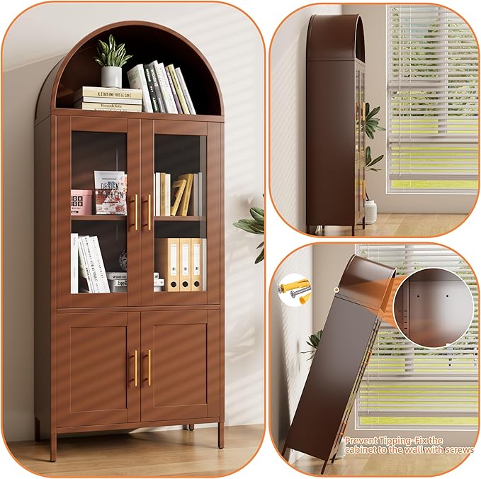 Metal Arched Bookcase Cabinet with 4 Doors,Arched Pantry Cabinet for Home Office Living Room,Required Assembly,Brown
