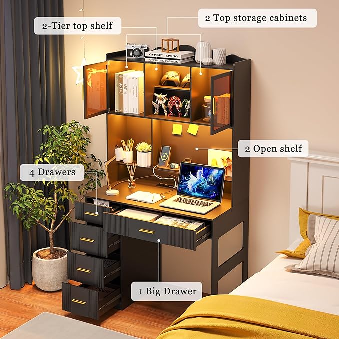 WOOVIVS LED Study Desk with Hutch and Drawer, Home Office Desk with Outlet, Computer Desk with Charging Station, Writing Desk for Bedroom, Workstation for Small Space (Black)