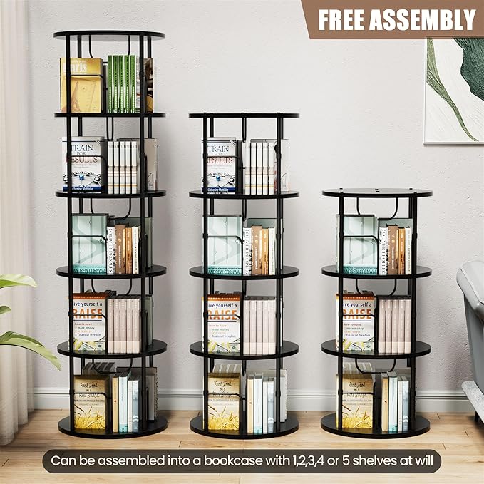 Flycity 5 Tier Rotating Bookshelf, 360° Corner Bookshelf Tower, Round Revolving Bookcase with Special Visible Partition Storage, Narrow Book Shelf Organizer for Living Room, Small Space, Black