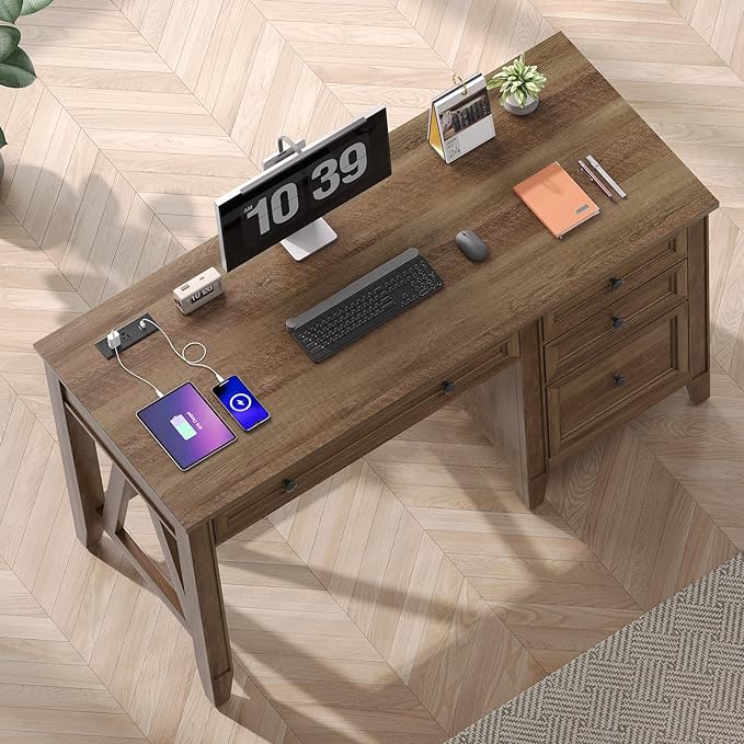 ONBRILL 54 Inch Farmhouse Executive Desk, Computer Desk with Drawers, Home Office Desk with Charging Station, for Working Studying Writing, Brown