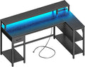 SUPERJARE 53 inch L Shaped Gaming Desk with LED Lights & Power Outlets, Reversible Computer Desk with Shelves & Monitor Stand, Corner Desk with Drawer, for Home & Office, Black