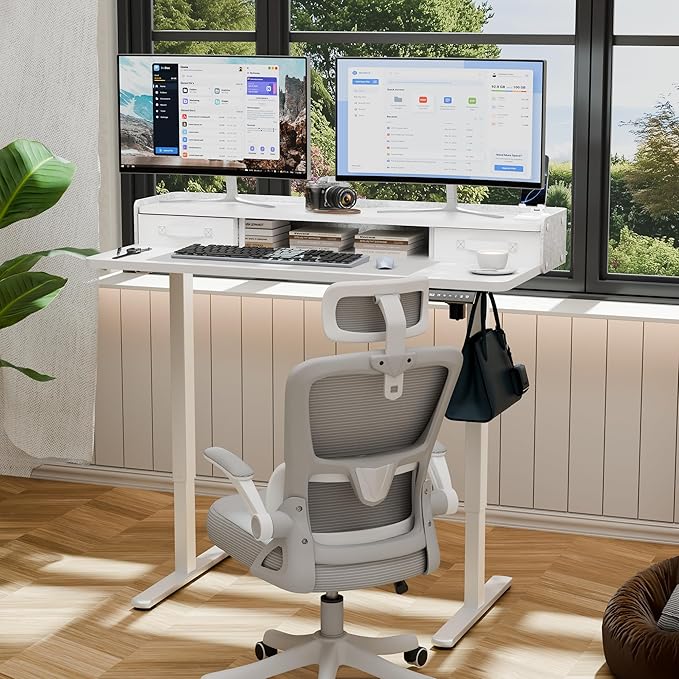 YESHOMY 48" x 23" Electric Standing Desk with 2 Storage Drawers, Height Adjustable Computer Desk, Low Noise Home Office Stand Up Desk with 2 Preset Heights & 2 Hooks, White
