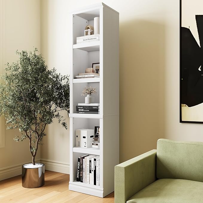 Bevfint 70" Tall Bookcase, White Narrow Floor Standing Bookshelf, 5 Tier Shelves Open Storage Organizer, Book Case for Living Room Hallway Kitchen Home Office Bathroom, White - 5 Tier