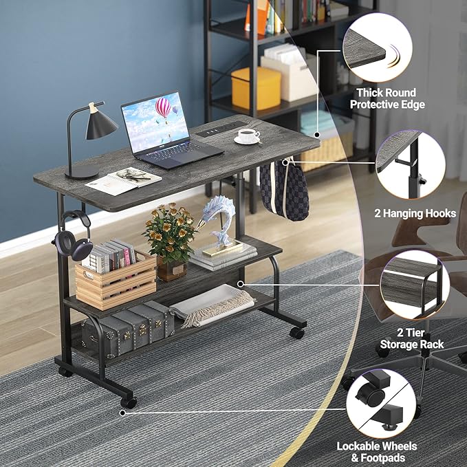 Armocity Rolling Standing Desk with Power Outlets, 32" Manual Height Adjustable Mobile Computer Desk with Wheels, Small Portable Sit Stand Laptop Couch Table for Bed & Sofa Home Office, Grey Oak