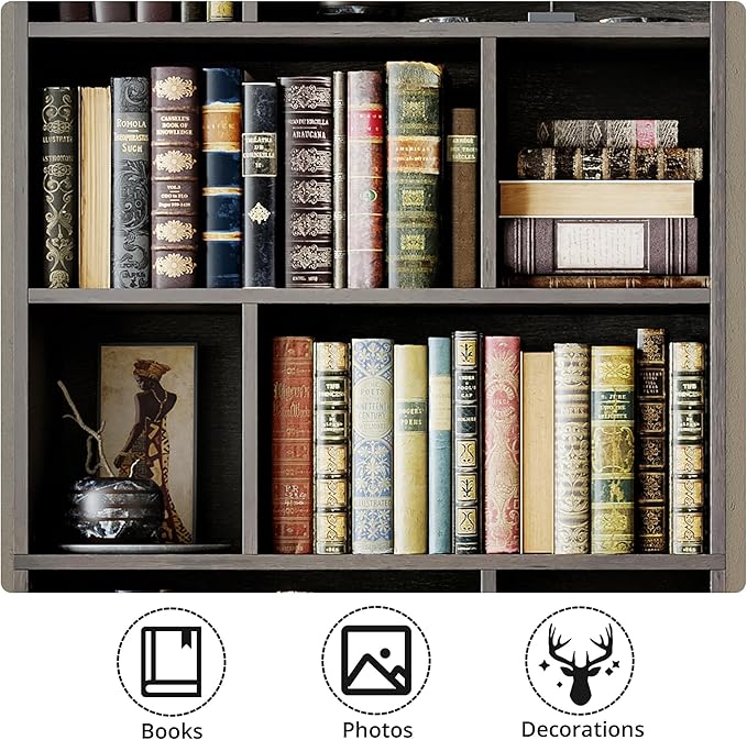 IRONCK Book Shelf, Tall Bookshelf with Storage, Bookshelves and Bookcases with Doors, 4-Tier Bookcase with 8 Open Cubes for Living Room, Office, Study, Charcoal Gray