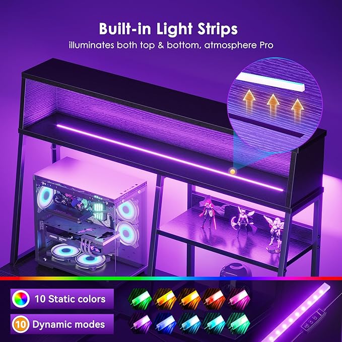 AODK L Shaped Gaming Desk with Led Lights, 51 Inch Reversible Gaming Computer Desk with Display Shelves, PC Gamer Desk Gamer Table with Storage Bag, L Desk for Game, Black