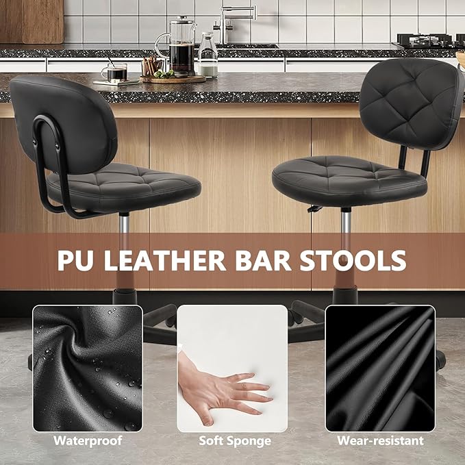 KLASIKA Rolling Stool Chair with Backrest Leather Swivel Salon Spa Stools, Adjustable Height Work Garage Chairs for Home Bar Desk Computer, 4PK