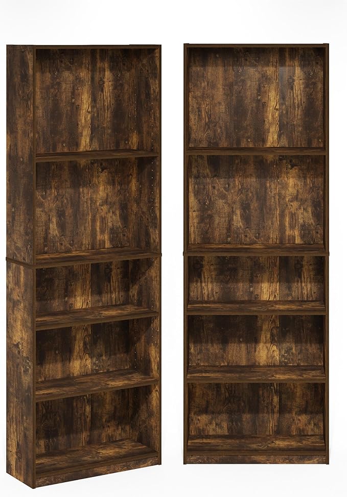 Furinno Jaya Book Shelf Set of 2, 5-Tier Bookshelf, Bookcase, with Adjustable Shelf, 9.5 x 24.5 x 71, for Home Office, Living Room, Amber Pine
