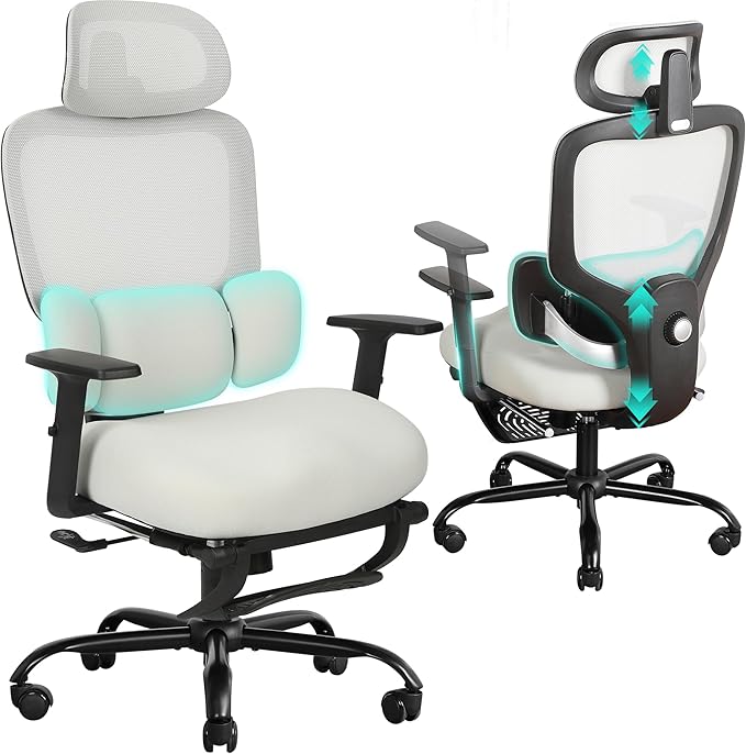 Ergonomic Office Chair with Footrest, Mesh Desk Chair with Adjustable Headrest & Armrests & Dynamic Floating Wing Lumbar Support, High Back Computer Chair for Home Office, BIFMA Certified, Grey