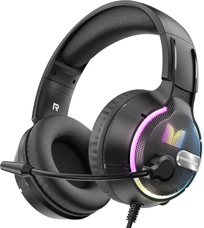 Monster Mission 320 Gaming Headset for PS5, PS4PC,Switch,Noise Cancelling Over Ear Headphones with Mic, LED Light, 7.1 Surround Sound,Gifts
