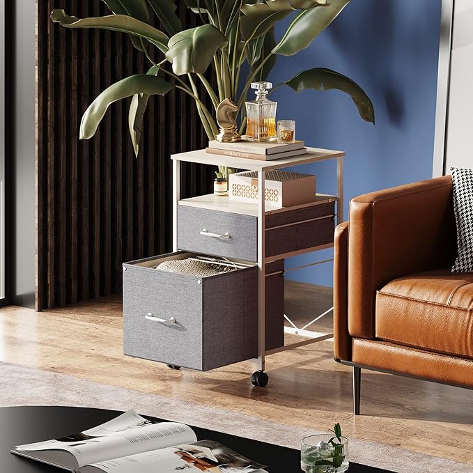 DEVAISE 2 Drawer Mobile File Cabinet, Rolling Printer Stand with Open Storage Shelf, Fabric Vertical Filing Cabinet fits A4 or Letter Size for Home Office, Light Grey