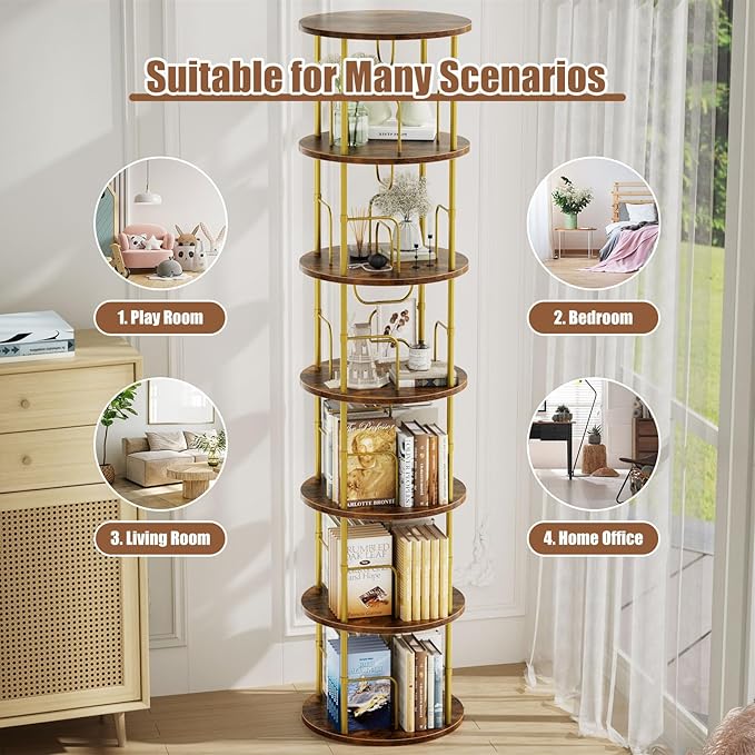 ALLSTAND 6 Tier Rotating Bookshelf, 360 ° Display Stackable Spinning Bookshelf Tower, Corner Bookshelf Tall Floor Standing Swivel Bookcase Narrow Storage Organizer for Bedroom, Living Room, Gold