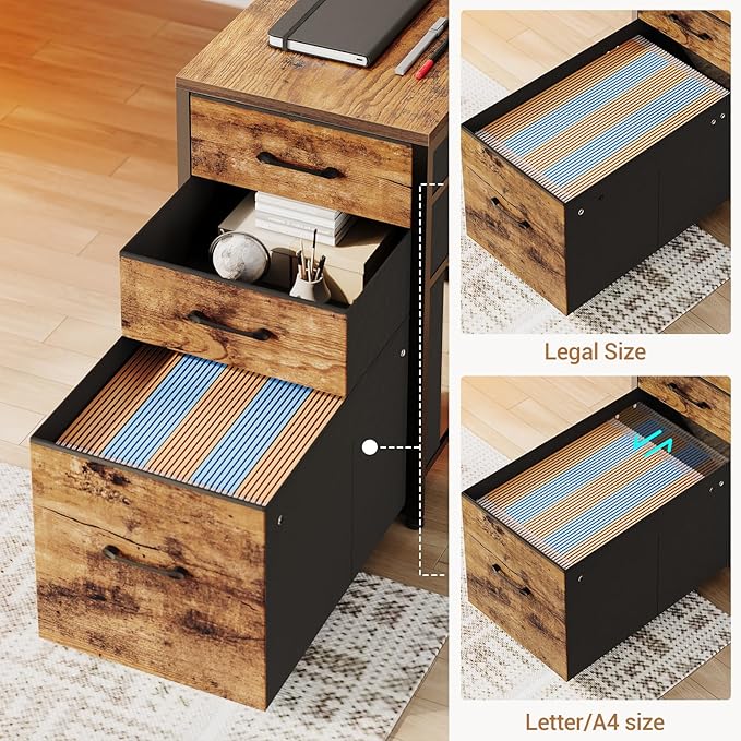 SEDETA L Shaped Desk with Storage Shelves, 64.5" Reversible U Shaped Office Desk with 3 Fabric Drawers, Gaming Desk with Power Outlet & LED Strip for Home Office, Rustic Brown