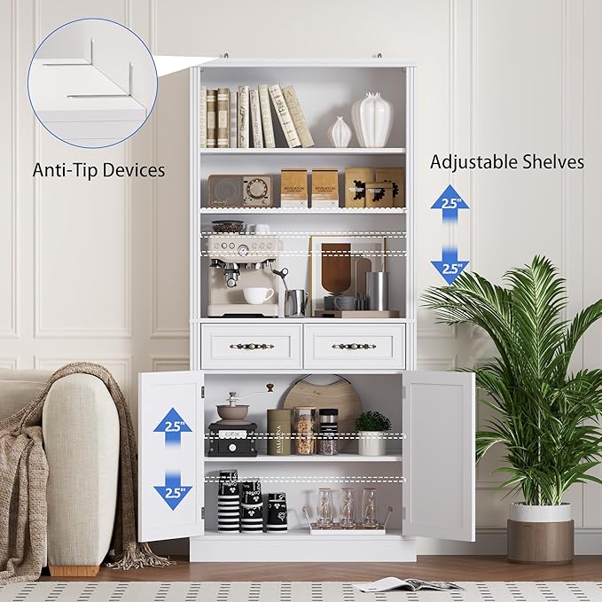 BORNOON 70.1" Tall Bookshelf with Drawers & Cabinet, 5-Tier Floor Standing Bookcase with Storage Doors, Adjustable Shelves & Metal Handles, 31.5" Wide Organizer for Home Office, Living Room