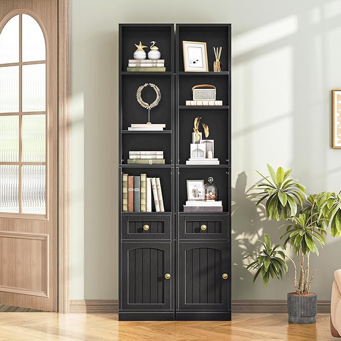 HOOBRO 70.9" Inch Tall Bookcase, Tall Narrow Bookshelf with Storage Cabinet, Open Shelf with Adjustable Shelf, Space Saving Storage Shelf Bookcase for Office, Living Room, Bedroom, Black BK42SJ01