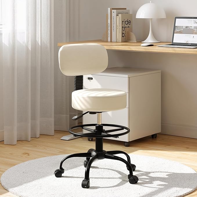 Drafting Chair with Back Support, Adjustable Foot Rest Rolling Stool, 360° Swivel Office Desk Chair with Wheels, Thick Seat Cushion for Home Bar Salon Tattoo Shop (1, White)